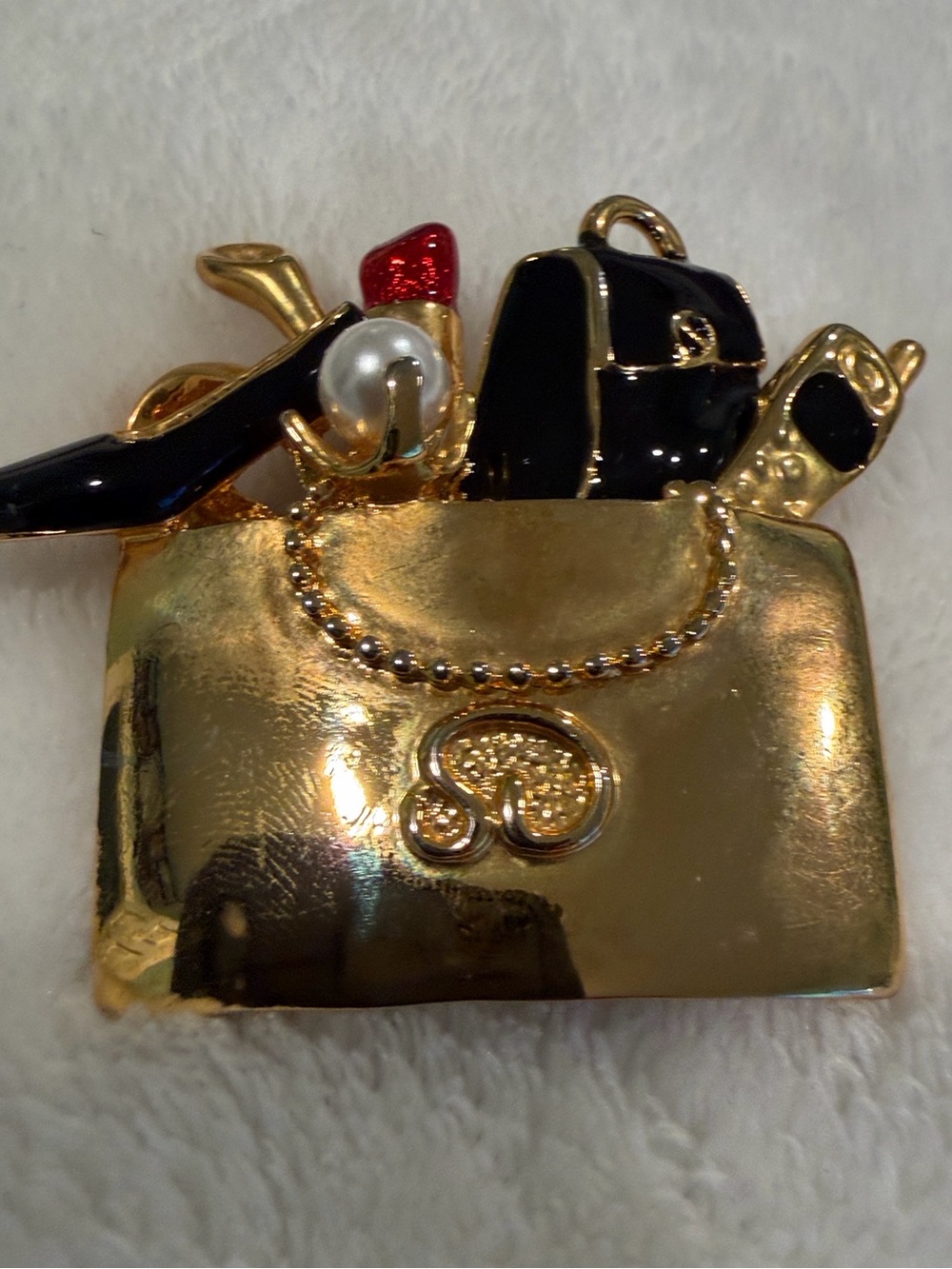St. John Gold Mini Handbag Brooch with Black & Red Accents
